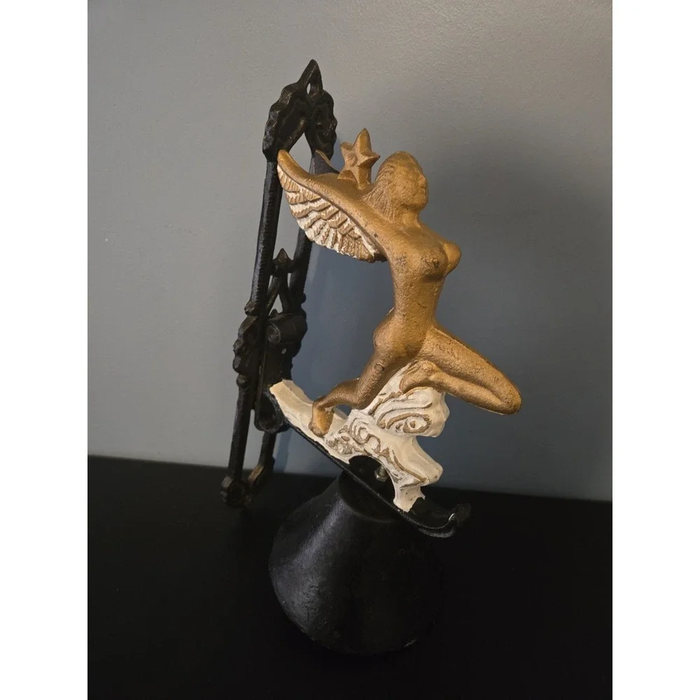 Vintage Cast Iron Bell Winged Fairy Siren Goddess on Waves Clouds Wall Mount